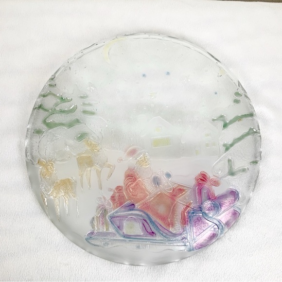 Vintage Grandeur Noel Painted Glass Santa Reindeer Round Christmas Platter 14” - Picture 9 of 10